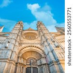 The imposing facade of the gothic cathedral (la seu) of Palma de Mallorca, Balearic Islands, Spain