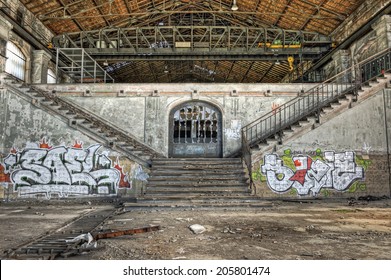 Imposing staircases inside the hall of an abandoned coal mine, HDR - Powered by Shutterstock