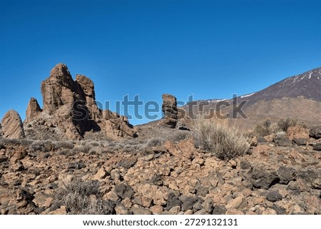 The imposing vertical structure of Roque Cinchado in the Tenerife National Park, Spain. The striking contrast between the ochre hues of the basalt rock, the white of the summit, and the intense blue of the Canary Island sky creates a visually powerful image, ideal for tourism campaigns, geography books, and travel advertising