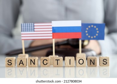 Imposition of sanctions by European Union and America against aggressor Russia. Economic and political sanctions against Russia concept - Shutterstock ID 2127808034