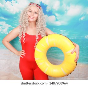 Impressed Lifeguard Works At Beach, Uses Lifebuoy For Saving People, Wears Pinup Red Spandex Swimming Overall, Stands Indoor, Feels Embarrassed. Omg And Water Activities Concept