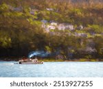 Impressionistic view of vintage tour boat motoring along Gastineau Channel past houses in temperate rainforest on a foothill of Douglas Island, Alaska, on a June evening. Digital impasto effect.