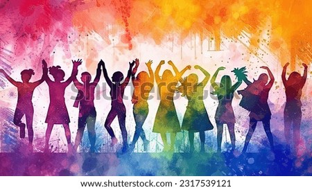 an impressionist-style abstract watercolor painting depicts a diverse group of people united on a colorful rainbow background, commemorating pride month