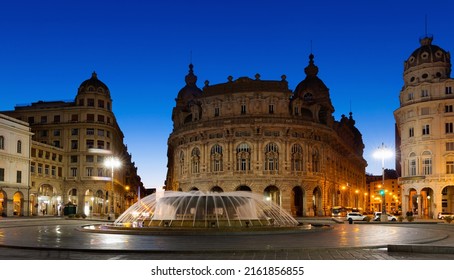 Impressive Architecture And Fountain Piazza De Ferrari At Dusk, Genoa, Italy.