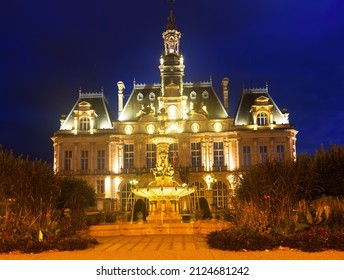 Impressive Architecture Of Illuminated Limoges City Hall In Twilight, France..