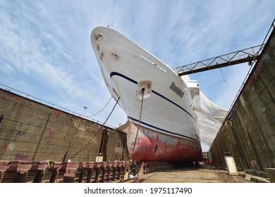 The Impressive Bow Of A Cruise Ship – Passenger Ship Photographed From Below The Water Line While The Ship Is In Dry Dock At The Shipyard.