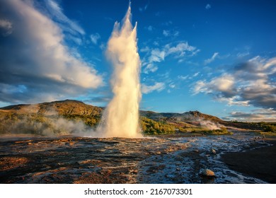 Impressive Eruption of Strokkur Geysir in Iceland during sunset. Strokkur Geyser Is one most popular nature landmark and travel destination Golden circle, Iceland - Powered by Shutterstock