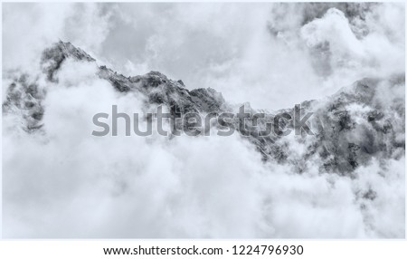 Impressive Mountain Scenery behind Clouds (Valley View Lodge and Restaurant; Thame, Nepal, Sherpa Village; black and white; b/w)