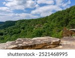 An impressive sandstone cliff line overlooking the heavily forested Savage Gulf off the Great Stone Door Trail in Savage Gulf State Park.