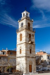 Impressive Stone-built Belfry With Beautiful Cloud Stripes Over An Intensevily Blue Sky, In The Picturesque Village Of Krokos, In Kozani Region, Macedonia, Greece, Europe.