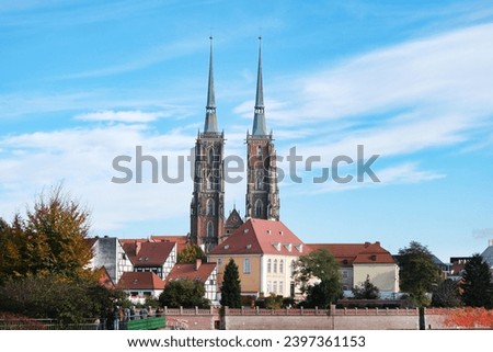 Impressive view of the Cathedral of St. John the Baptist (Breslauer Dom) with its two distinctive towers on Cathedral Island along the Oder River in the center of the Polish city of Wrocław (Breslau)