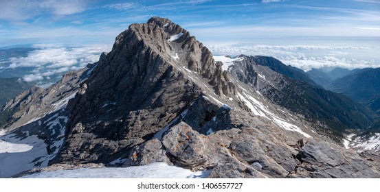 Impressive view on Mytikas, the highest mountain of Olympus ridge in Greece. View from Skala summit. Climbing on Mytikas.