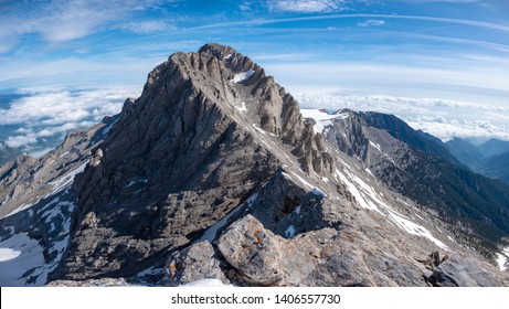 Impressive view on Mytikas, the highest mountain of Olympus ridge in Greece. View from Skala summit. Climbing on Mytikas.