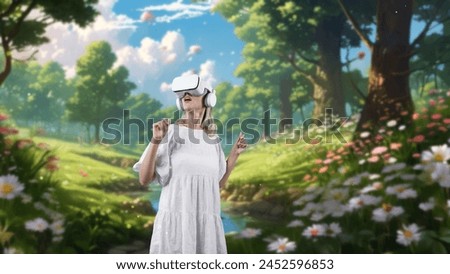 Impressive woman looking through VR in wonderland bokeh circle falling metaverse in wildflower forest fairytale getting fresh air meta world fantasy jungle natural imaginary creativity. Contraption.