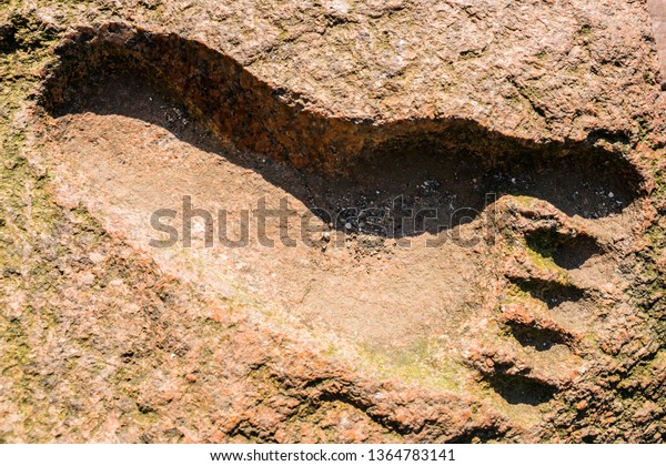 The imprint of a person\'s foot in\
granite. Big Foot. Footprint on the ground of the\
yeti.