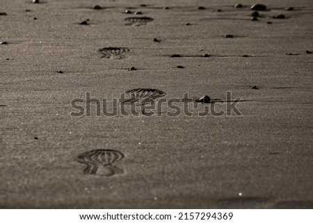Imprint of the shoe on mud with copy space, Footprint in the dirt, Foot step on sand, background texture. Top view.