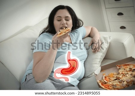 Improper nutrition can lead to heartburn or other gastrointestinal problems. Woman eating pizza at home. Illustration of stomach with hot chili pepper as acid indigestion
