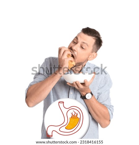 Improper nutrition can lead to heartburn or other gastrointestinal problems. Man eating potato chips on white background. Illustration of stomach with lava as acid indigestion