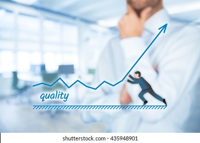 Improve Quality Concept. Manager (businessman, Coach, Leadership) Want To Improve Product Quality.