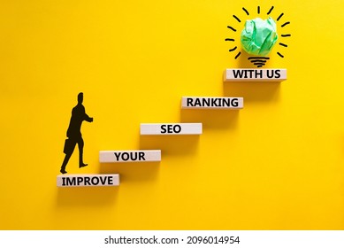Improve your SEO ranking with us symbol. Wooden blocks with words Improve your SEO ranking with us. Businessman icon. Beautiful yellow background, copy space. Business, improve SEO ranking concept.