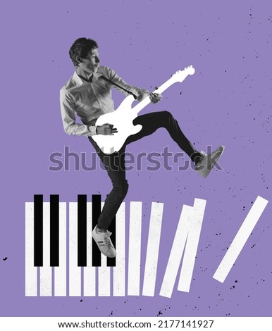 Improvisation. Contemporary art collage of young man palying hand-drawn guitar standing on piano keys isolated over purple background. Song and music writer. Concept of creativity, inspiration
