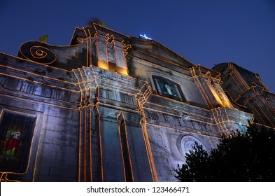 The Imus Cathedral In Imus, Cavite, Philippines, Lit For Christmas.