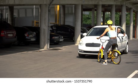 Inattentive Female Bicyclist Front Of Car Driver Pressing Brakes, Emergency