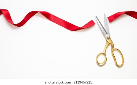 Inaugural invitation template, ribbon cut, Grand opening, New business launch concept. Gold scissors isolated on white background, copy space - Shutterstock ID 2113467221