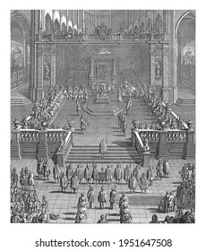 Inauguration Ceremony Of Emperor Charles VI As Count Of Flanders In The Saint Bavo Church In Ghent On October 18, 1717, Vintage Engraving.