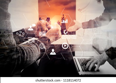 Inbound marketing business with virtual diagram dashboard and Online or permission market concept.co working team meeting concept,businessman using smart phone in modern office with London exposure.