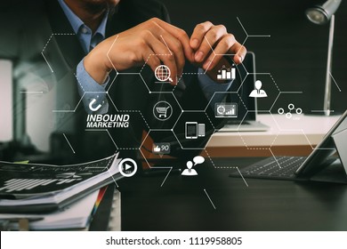 Inbound marketing business with virtual diagram dashboard and Online or permission market concept.Man using VOIP headset with digital tablet computer as concept communication or it support.