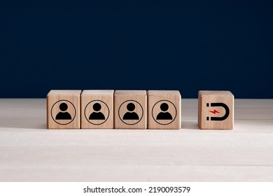 Inbound marketing strategy, customer retention, digital marketing and attracting potential customers in business concept. Wooden cubes with magnet icon attracts the customer icons. - Shutterstock ID 2190093579