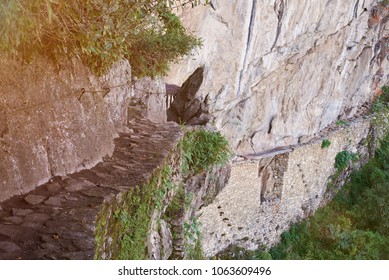 Inca Bridge Trail Road In Machu Picchu Peru. Peruvian Unesco Protected Place