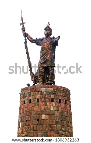 Inca Pachaputec statue in Cuzco city, Peru, isolated on white sky background