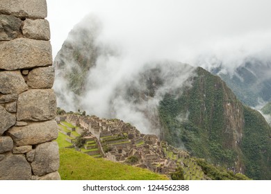 An inca stone construction without the use of mortar at Machu Picchu, Peru.