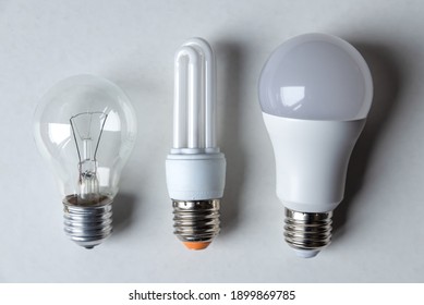 Incandescent bulb, fluorescent bulb, led bulb, next to each other. Technological evolution of light bulbs.
