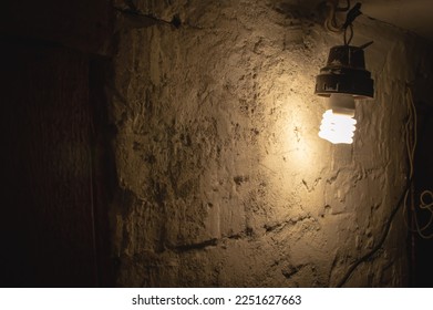 An incandescent light bulb dimly illuminating a whitewashed brick wall and an old doorway in a dark creepy basement - Shutterstock ID 2251627663