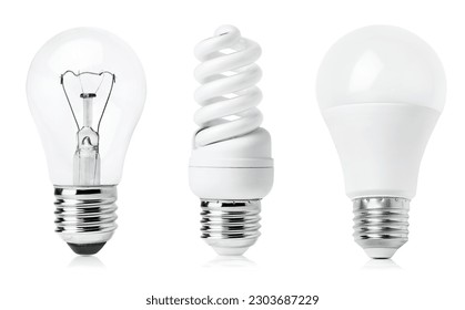 incandescent light bulb, fluorescent lamp and led light bulb on white isolated background - Powered by Shutterstock