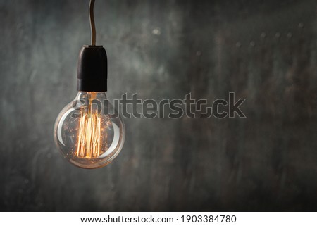 incandescent light bulb with tungsten filaments on old rustic grey concrete wall background. Save the energy