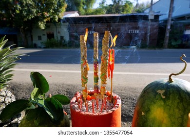 Incense Sticks And Candlelight Are Burning In Incense Pot With Sunshine For Holy Worship Are Celebrate Chinese New Year, The Spring Festival, Chen Meng