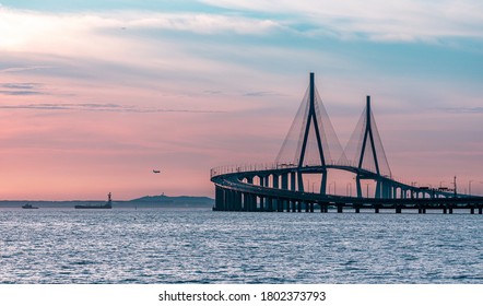 incheon bridge on beautiful sunset in south korea. panormic view of bridge over sea on sunset. intended add a noise. - Shutterstock ID 1802373793