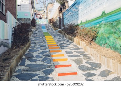 Incheon, Korea - March 14, 2016 : Colorful Stairs In Songwol-dong Fairy Tale Village