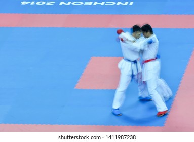 INCHEON, KOREA : Men Karate Athletes During The 2014 Asian Games At Gyeyang Gymnasium On October 03, 2014