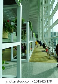 Incheon, South Korea, January 18, 2018, Flower Pots Are Hanging On An Indoor Garden On The Departure Floor In Incheon International Airport Terminal 2, Near Seoul, In Korea, Which Is Newly Opened.
