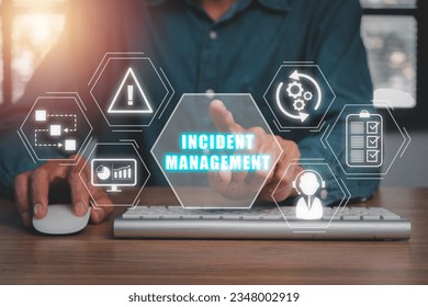 Incident Management process Business Technology concept, Business person hand touching incident management icon on virtual screen.