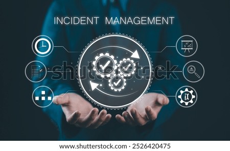 Incident Management and Resolving Unexpected Problems. A person holding incident management icons, risk assessment, data analysis, and problem resolution. approach to managing unexpected issues.