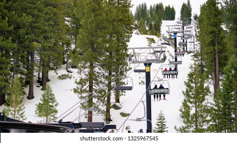 Incline Village, Nevada - February 2, 2019. Peak Ski/Snowboarding Season At Diamond Peak Ski Resort In Lake Tahoe After A Winter Storm Brought Several Inches Of Fresh Snow. 