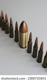 Inclusion And Diversity. Row of same bullets with one big bullet lined out isolated on white 
