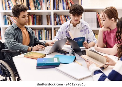 Inclusive group of students doing homework together sitting at table in school library and holding books - Powered by Shutterstock