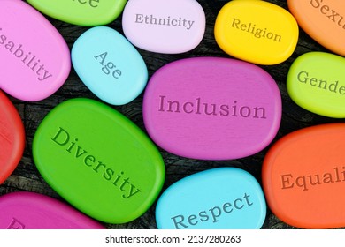 Inclusive Words On Colorful Wooden Stones. Diversity In Community And Work Culture Concept.